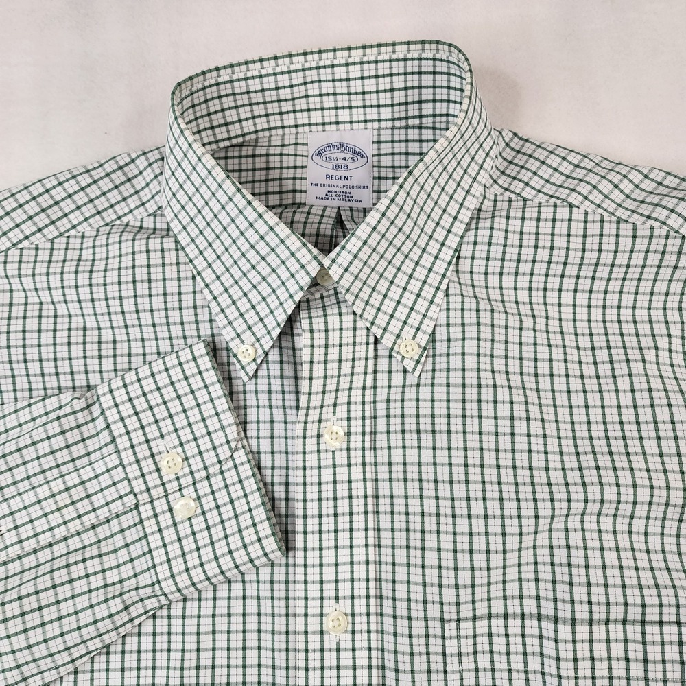 Brooks Brothers Regent Stretch Green White Plaid Dress Shirt Medium Men 15.5-4/5